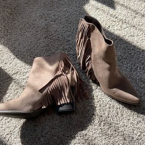 Beige Suede Fringe Booties